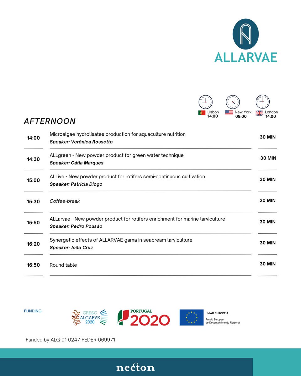 Join us for our upcoming workshop event! We are thrilled to announce our ALLarvae Workshop designed to present new microalgae formulations for marine larviculture.
Register Now: rebrand.ly/Allarvae_Event…

#necton #innovation #project #allarvae #CRESC2020 #PT2020 #FEDER
