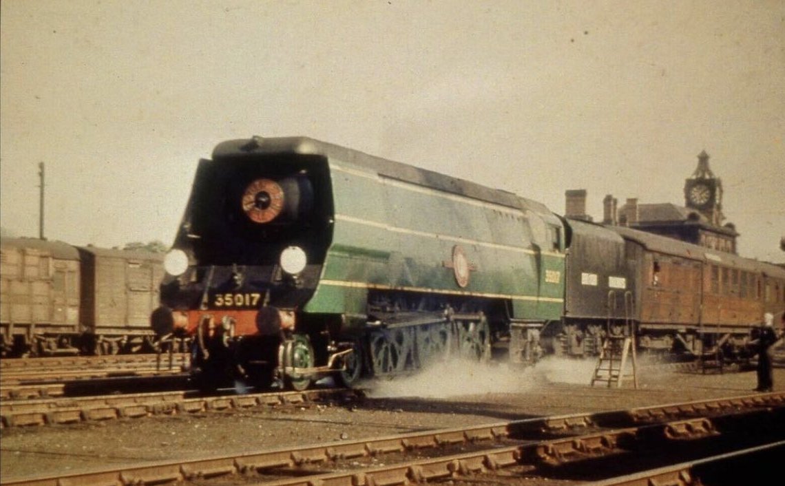 With Stanier tender in tow, Merchant Navy 35017 Belgian Marine restarts from Wakefield Westgate on the 13.10 Kings Cross-Leeds during the preliminaries for the Exchange Trials in May 1948. Showing a large appetite, this was due to SR crews prioritizing timekeeping over economy.