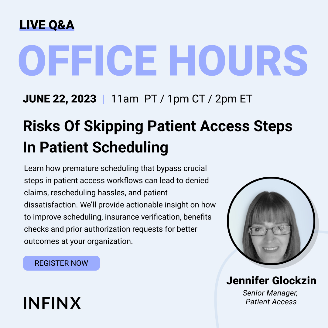 At this week's #InfinxOfficeHours, learn how missing #PatientAccess steps can impact your collections downstream. Gain insights on:
💡 Medical necessity checks
💡 The role of #EligibilityVerification
💡 Best practices for #PriorAuthorization
Sign up: hubs.li/Q01V3Lxh0