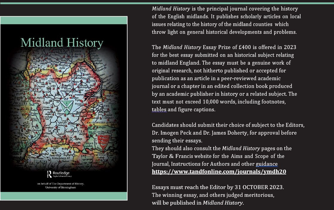 📢Exciting news!📢 The Midland History Essay Prize 2023 is now OPEN! We offer a prize of £400 to the winning entrant, plus publication. Closing date 31 October 2023. Instructions for authors can be found at tandfonline.com/action/authorS…
