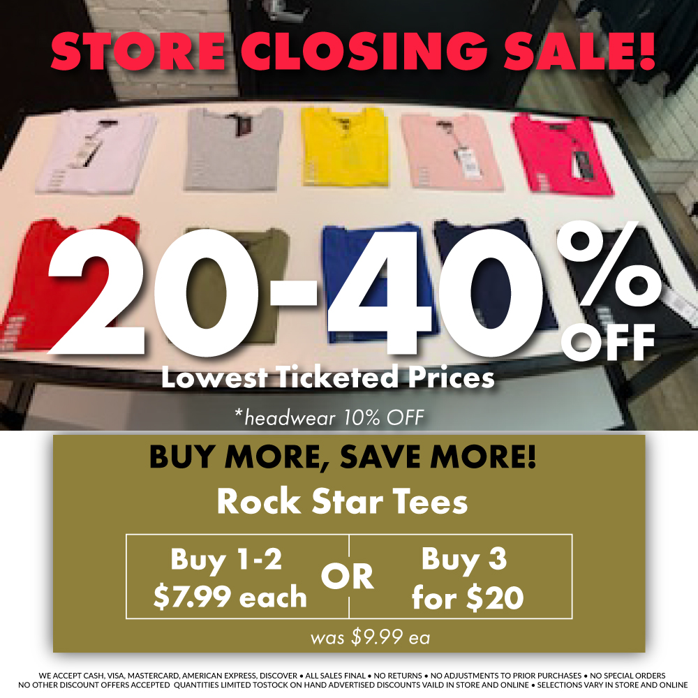 BUY MORE, SAVE MORE!!

Snag a couple of Rock Star tees for $7.99 each or 3 for $20! Also, the entire store is on sale! This is your chance to save BIG! Don't wait a second longer! Find your nearest location here: bit.ly/3P39ACh