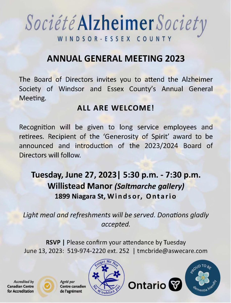 You are invited to our Annual General Meeting. Please RSVP by Tuesday, June 13, 2023 with tmcbride@aswecare.com or 519-974-2220 ext. 252

We can't wait to see you there!

#ASWE #AGM2023