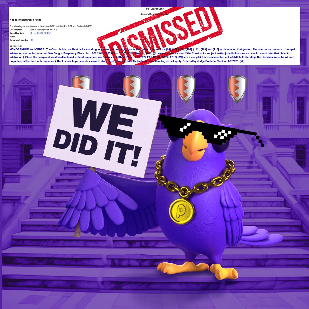 1/ @PoolyNFT Update 13 days ago the lawsuit filed against PoolTogether Inc was dismissed from Federal Court! It's time for a free celebratory NFT mint! And a small update. 🦜