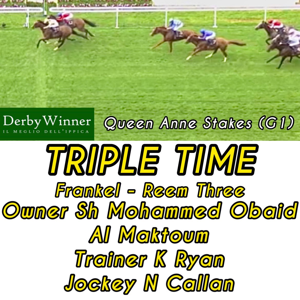 Prima corsa e prima sorpresa al @RoyalAscotSite 

Nelle Queen Anne, G1 sul miglio per 4yo+, vince TRIPLE TIME (Frankel) a quota shock di oltre 30 davanti a Inspiral che ci prova fino in fondo ma deve accontentarsi del secondo. 
Terzo Light Infantry su Modern Games poco incisivo.