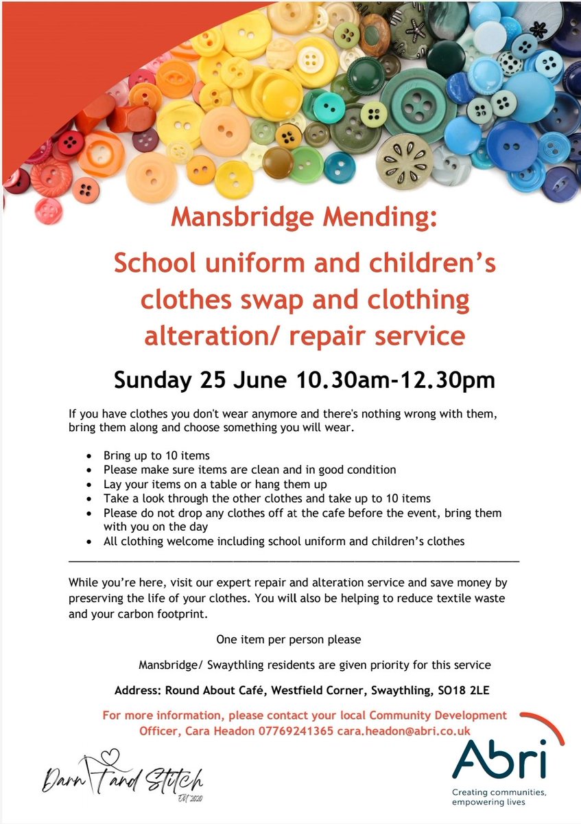 If you have children's clothes or school uniform your kids don't wear anymore and there's nothing wrong with them, bring them along and choose something that fits.

 #southampton #mansbridge #whatsoninsouthampton #communitycafe #reusereducerecycle #clothesswap <a href="/abrigroup/">Abri</a>