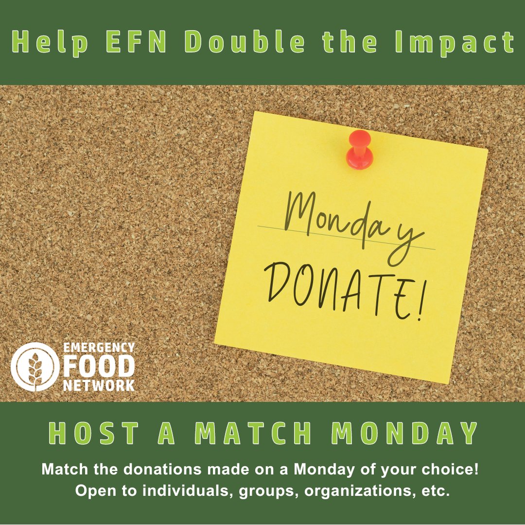 We invite you to host a Match Monday, please contact claire@efoodnet.org to get started!

#matchmonday #mondaymantra #mondaymindset #emergencyfoodnetwork #efn #donatetoday #donatenow #donatefood #donationdrive #donationsneeded #donationbased #fooddonation #piercecountywa