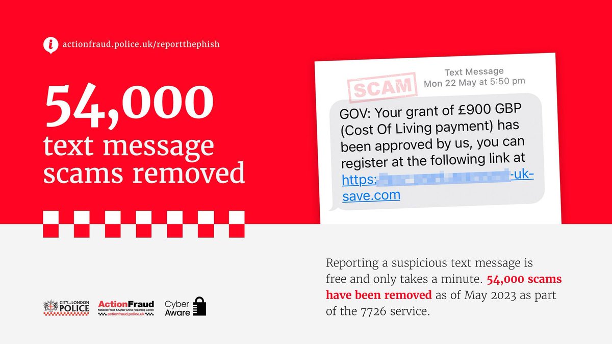 Ever reported a suspicious text message to 7726? 📱

As of May 2023, your reports have led to the removal of 54,000 scams.

✅ Report suspicious text messages by forwarding them to 7726 (it's free of charge)

#ReportThePhish