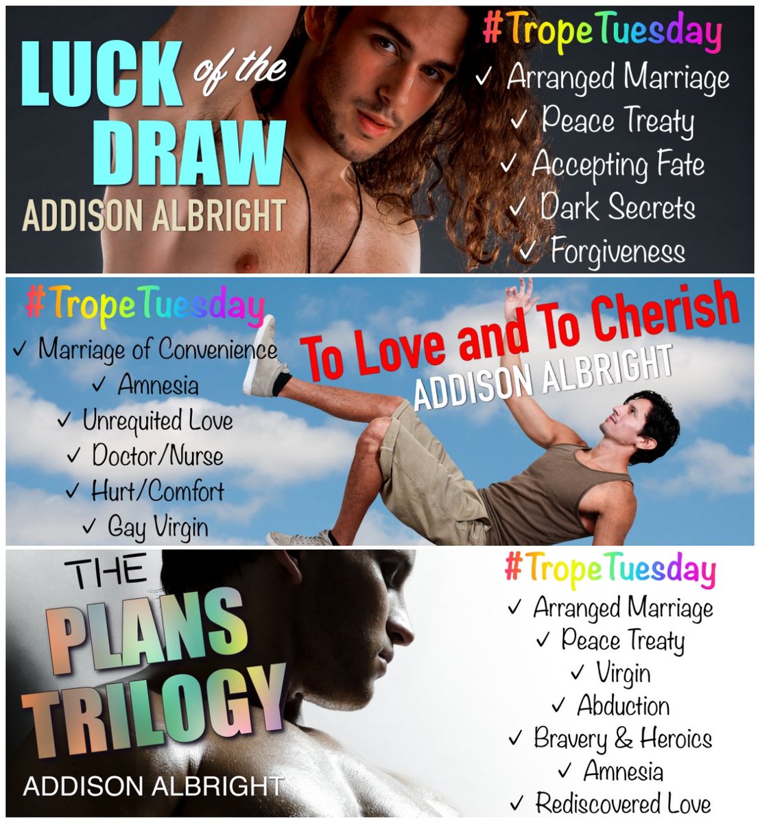 #TropeTuesday featuring #MarriageOfConvenience & #ArrangedMarriage #MMRomance

Luck of the Draw is #ComingSoon July 22!

To Love and To Cherish is in #KindleUnlimited & #KoboPlus ~ books2read.com/b/LoveCherish-…

The Plans Trilogy has the individual books in KU ~ books2read.com/rl/PlansTrilog…