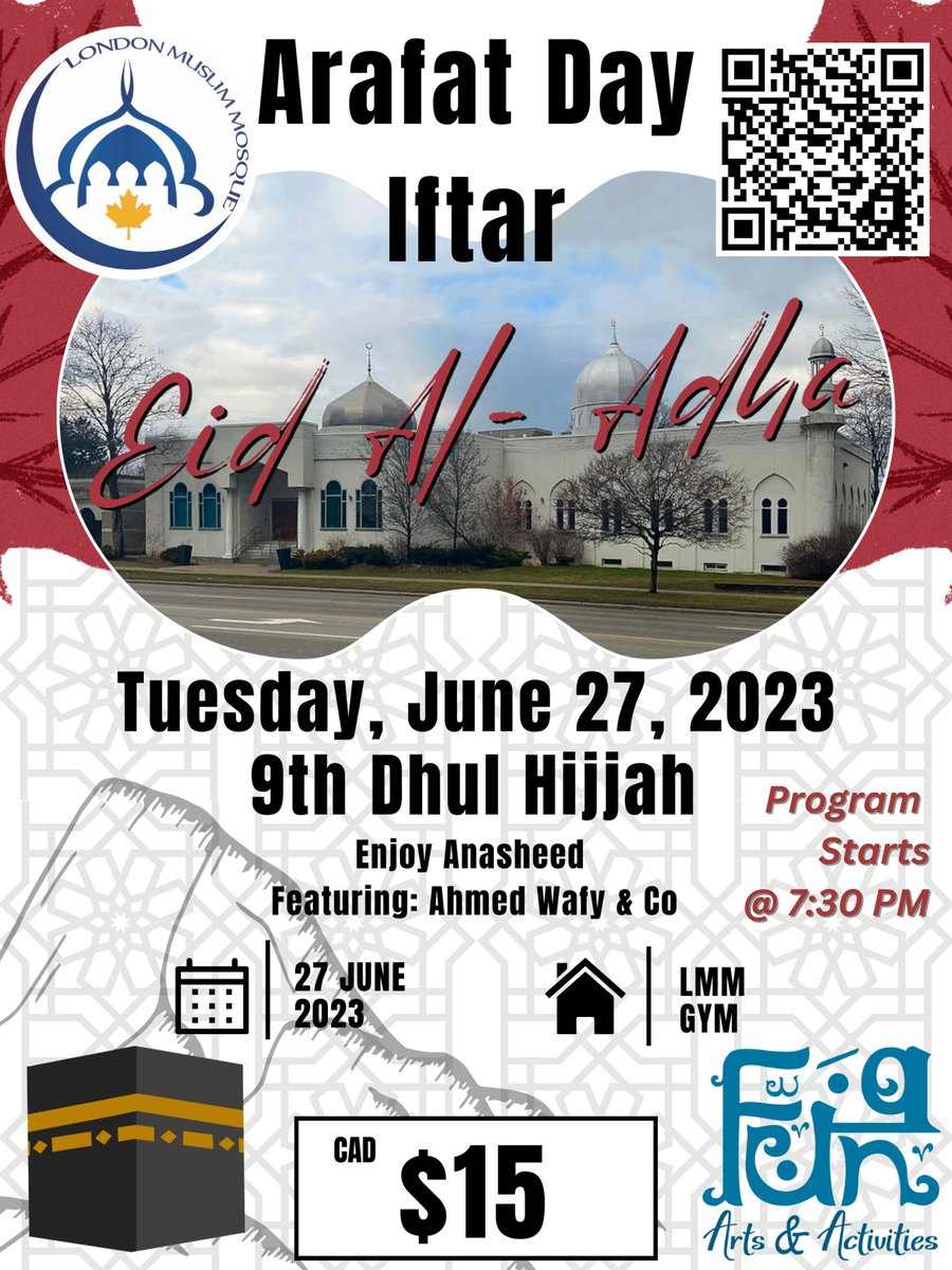 Arafat Day Iftar
The iftar will feature beautiful Anasheed by Ahmed Wafy and his group. We will also have a short speech by our Imam Mohamed al Jammali. 
Tuesday, June 27th @LondonMuslimMosque gym, Program starts 7:30PM. 
Buy your ticket!
londonmosque.ca/event/arafat-d…