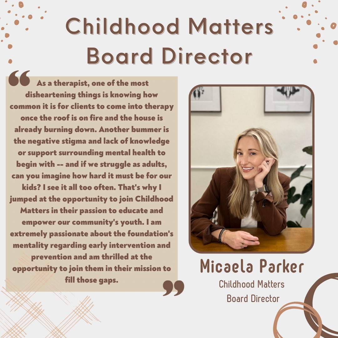 It is with great pleasure and enthusiasm that we warmly welcome Micaela Parker, our newest addition to the board of directors - a passionate advocate and a true champion of mental well-being.

#boardofdirectors #childhoodmatters #boardmember #nonprofitorganization #conejovalley