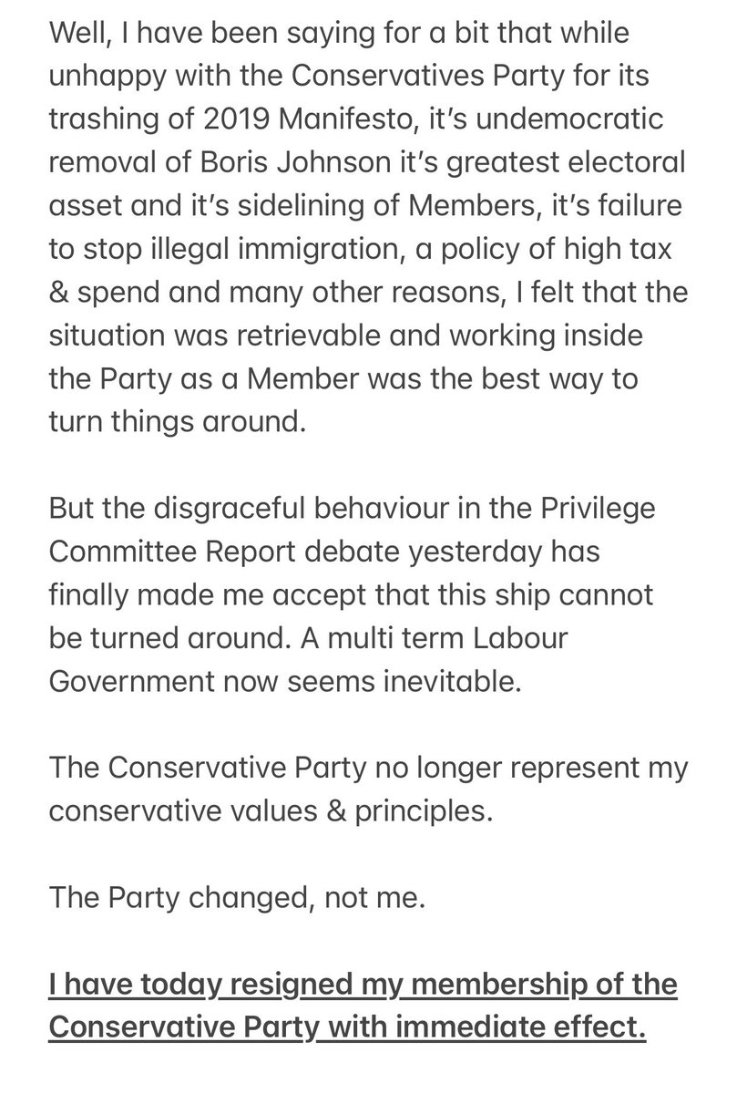 *** Hot News ***

A line has now been crossed.

I have today RESIGNED my membership of the Conservative Party ***with immediate effect ***

See 👇👇👇 for more details. 

cc
@Conservatives @ConservativeDOr 
@RishiSunak 
@GregHands 
@BorisJohnson