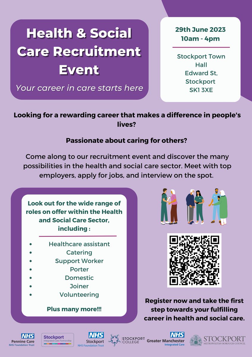 Looking for a job with purpose? Join us next week at Stockport Town Hall recruitment event. Meet with employers, apply for jobs, and maybe even get hired on the same day.  #StockportJobs  #StockportRecruitmentEvent @StockportNHS 

Register at eventbrite.co.uk/e/one-stockpor…