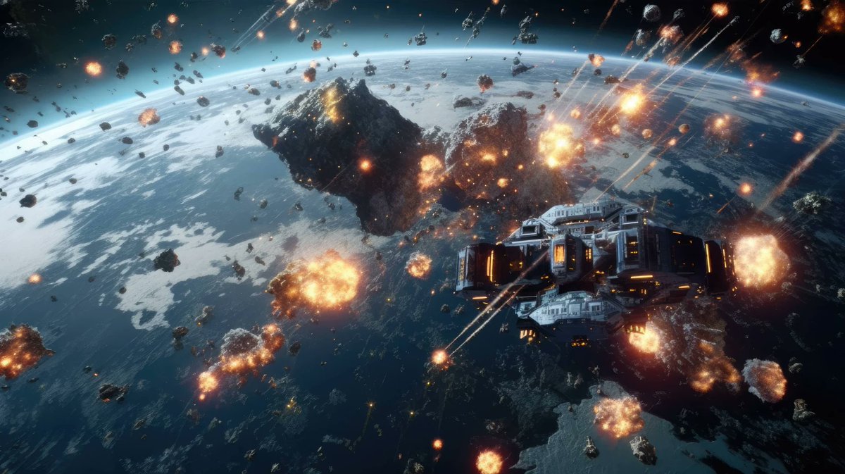 unrealpixels's tweet photo. An exhilarating CGI render of a futuristic space battle with fighters and capital ships amidst asteroid fields
 #Space #Outerspace #Universe #Earth #Astronomicalobject #Planet
 Download links on the comments https://t.co/AAiMc1wtuU