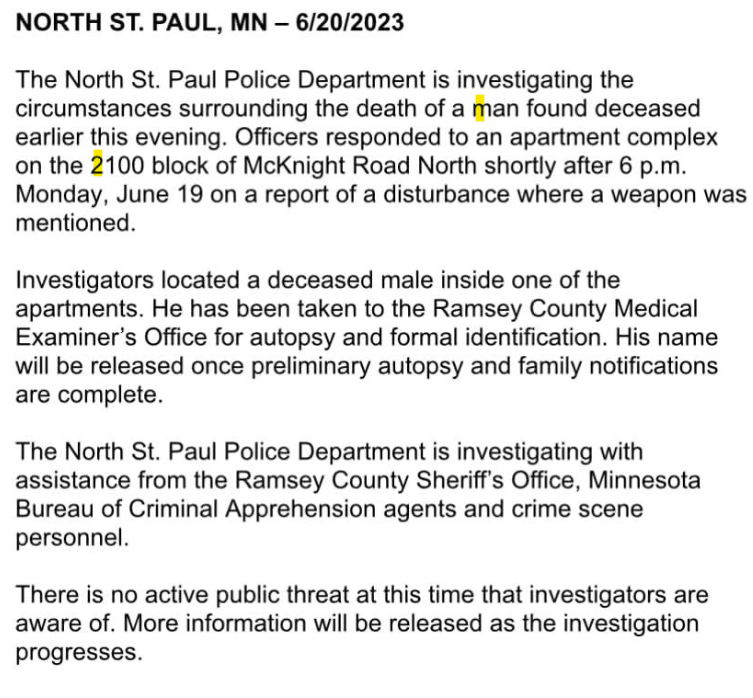CrimeWatchMpls on Twitter "North St. Paul death investigation."