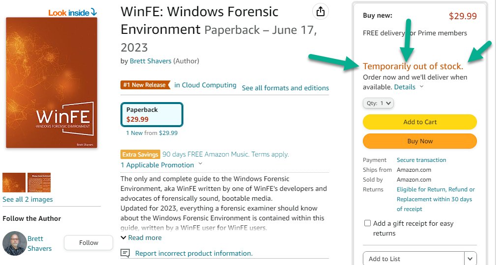 The updated WinFE guide is 'out of stock' because I will be making the electronic version free for a short time in about a week (200+pages...).

The print book will be available on Amazon afterward for anyone wanting to buy a hard copy.
amzn.to/3PnNZoy  #DFIR #winfe…