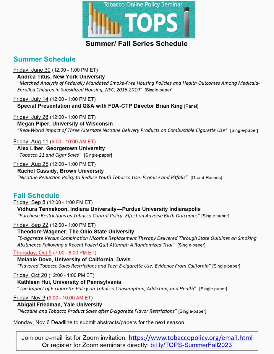 Get ready for an exciting new lineup of #tobacco #policy #research with TOPS this summer/fall!😎⛱️🍂😃
👉Register now! bit.ly/TOPS-SummerFal…