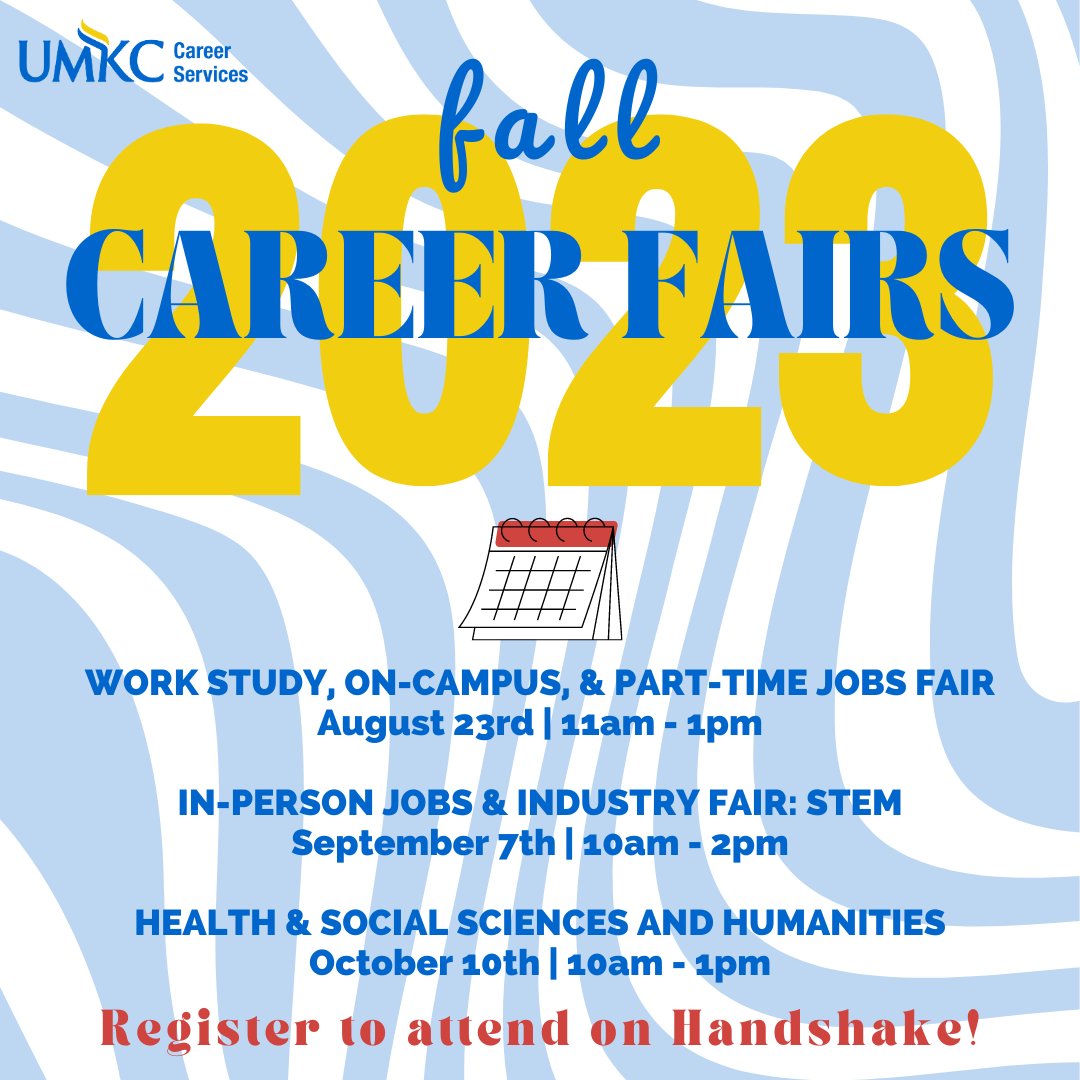 2023 Fall Career Fairs are ✨LIVE✨ on Handshake!

🗓️ The dates have been set, the venues have been booked, and employer registration has been opened! 🎉 visit umkc.joinhandshake.com or click the link in our bio to register today! 💛💙