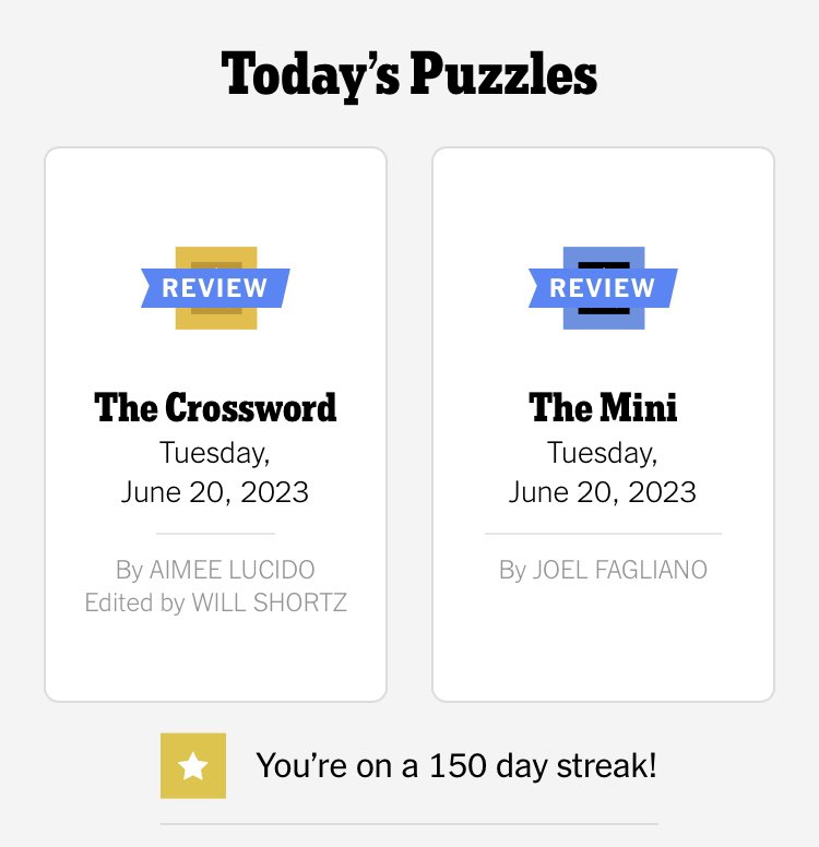 Feeling pretty proud of my 150 crossword streak 😁