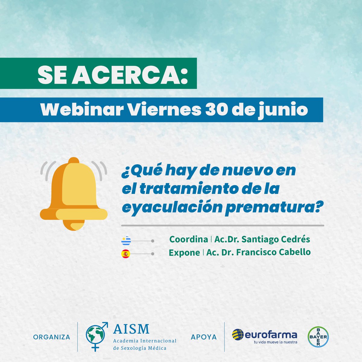 AcademiaAism's tweet photo. Les recordamos que el viernes 30 de junio realizaremos el próx Webinar de la Academia Internacional de Sexología Médica para profundizar el siguiente tema: "¿Qué hay de nuevo en el tratamiento de la eyaculación prematura?". Nos acompaña el Ac. Dr. Francisco Cabell, de España. https://t.co/p2ptnQNJfg