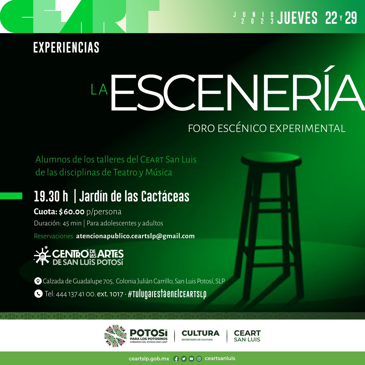 seculturaslp's tweet photo. 🤩 HOY puedes asistir al foro escénico experimental «LA ESCENERÍA» en el @CEARTSLP, con la participación del alumnado de los talleres de las disciplinas de Teatro y Música.
⏰ 19:30 h
📌 Jardín de las Cactáceas del #CEARTSLP
🎫 Cuota de recuperación $60 por persona

.
#CulturaSLP https://t.co/RX2uQKK8HF