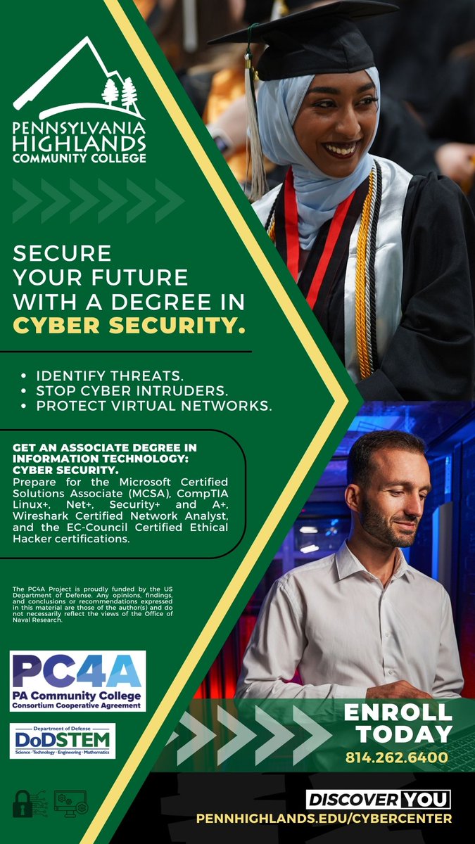 PC4ASTEM's tweet image. @PC4ASTEM partner @PennHighlands is offering incredible benefits to students through the PC4A Project with funds provided by @DoDstem!  Visit pennhighlands.edu/cybercenter for more information! #dodStem #cybersecurity #communitycollegeproud