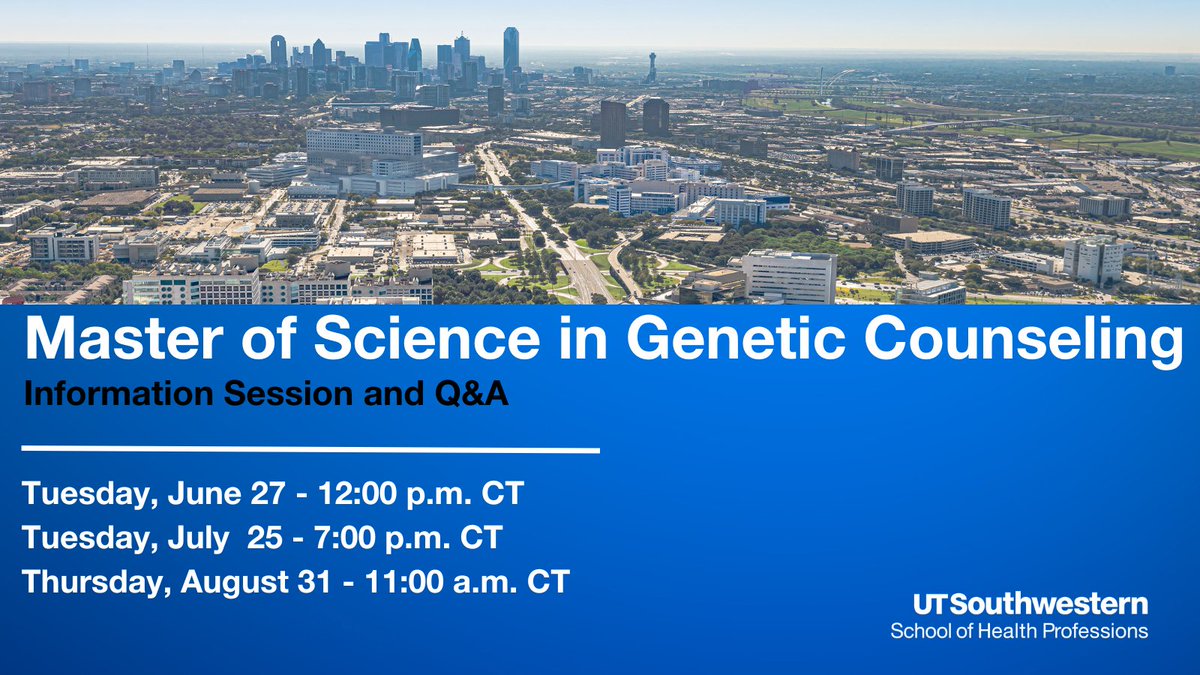 Prospective GC Students (#prospectivegenechat) : Want to learn more about <a href="/UTSWedu/">UT Southwestern Education</a> 's Genetic Counseling program? #GeneChat

Join us next week (or later this summer) for an info session!

June signup: shorturl.at/dBL29

<a href="/dna_helicait/">Caitlin</a>  <a href="/CheylaGc/">Cheyla Clark MPH, MS, CGC</a>