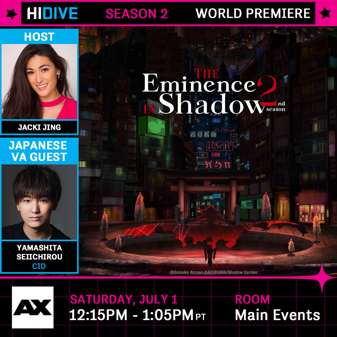 HIDIVEofficial's tweet photo. Watch the world premiere of The Eminence in Shadow Season 2 sub at @AnimeExpo 😎 
#HIDIVEAX

Cid - @seichiro0521 
Host - @JackiJing https://t.co/DrFudSJfvU