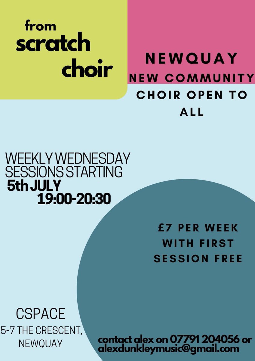 A new venture in #newquay. 
A new #communitychoir starting Wed 5th July at #CSpace 
Everyone welcome, songs taught by ear, easy harmonies. Songs to fill your heart and soul and make you feel good mid week! Taught by me- experienced choir leader... ❤️