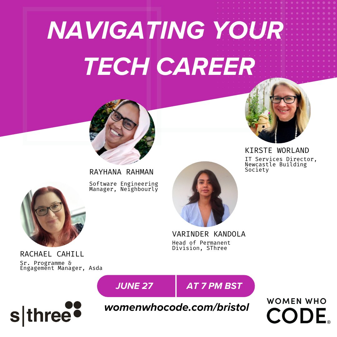 👀 🆕 Is it time for a change in your career?

Join the 'Navigating Your Tech Career' panel with @SThreeplc's technologists and learn insights on discovering new opportunities and advocating for yourself.

Sign up here→ womenwhocode.com/bristol/events

#WomenWhoCode
#WWCode
#WomenInTech