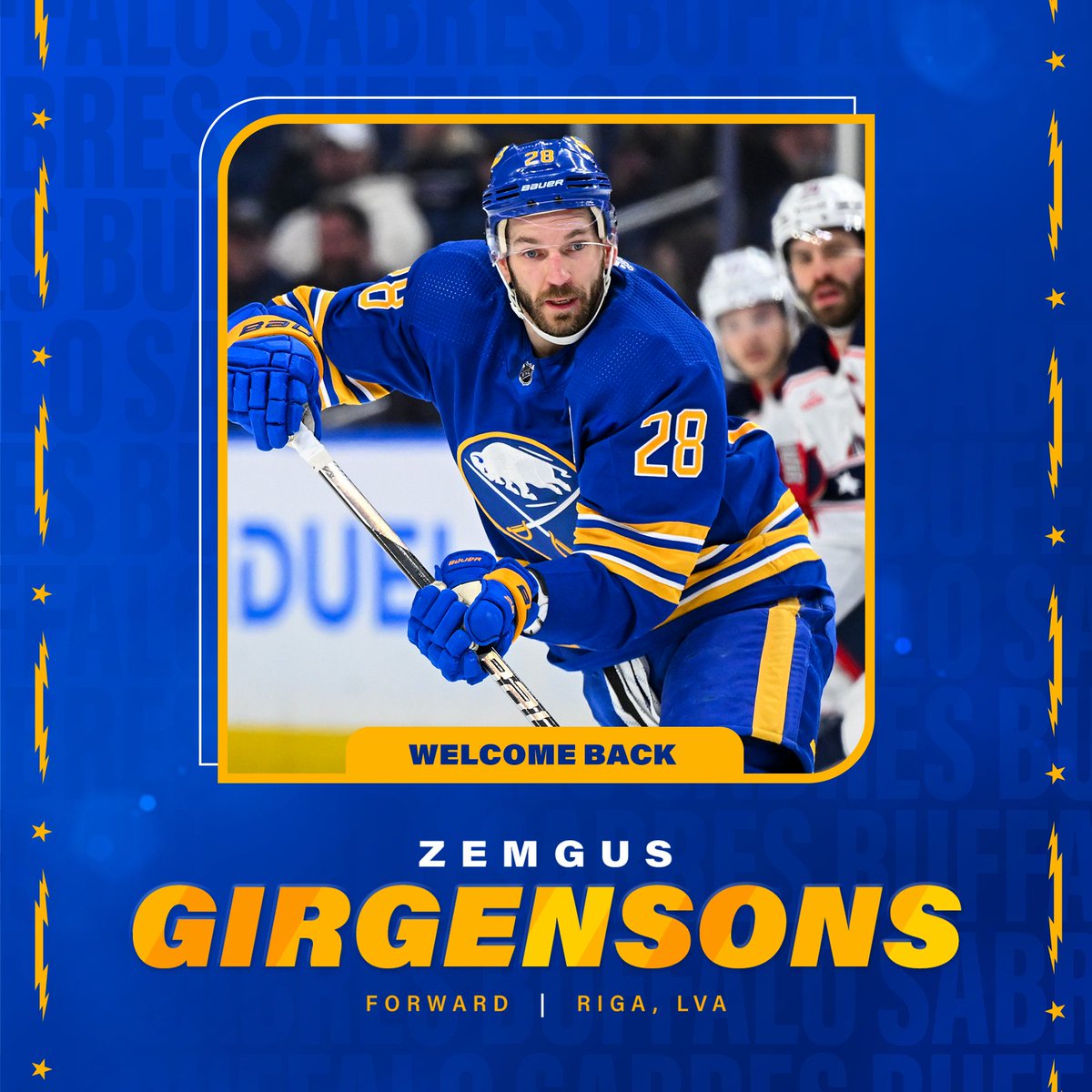 BuffaloSabres's tweet photo. All aboard the Latvian Locomotive! 🚂

We have re-signed Zemgus Girgensons to a one-year contract worth $2.5 million.

Details: https://t.co/PM2Y6Yv9ZO https://t.co/53CFZxw2BR