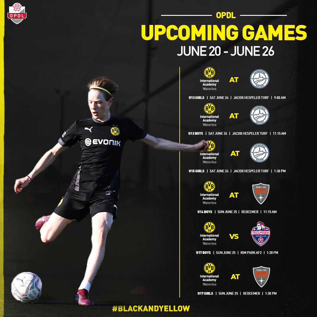👀 Brace yourselves for an action-packed weekend with 6 thrilling OPDL matches! Don't miss a beat! ⚽️ 

Best of luck to all the squads playing 👊

#BlackandYellow #BVB #bvbiawaterloo #HejaBVB #bvbfamily #OPDLgames #WeekendVibes