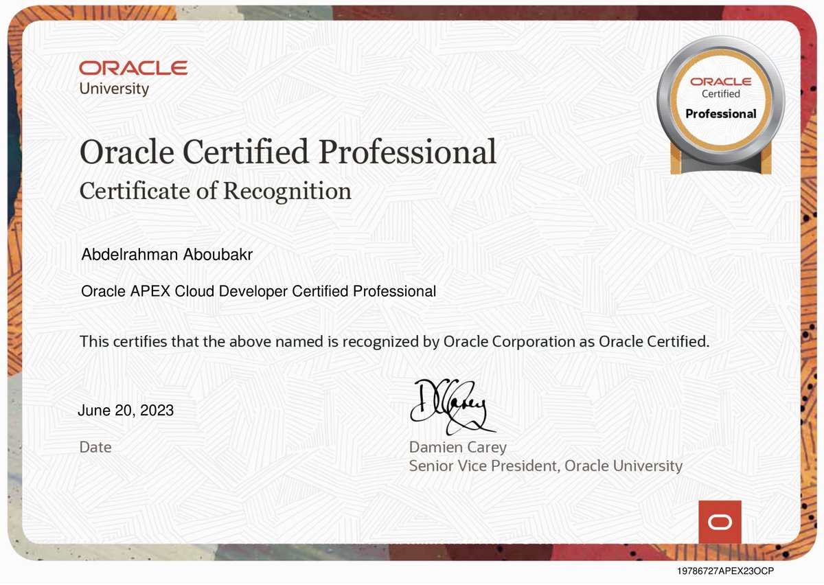 Alhamdulillah, Excited to share that I've successfully achieved my third APEX certification, today i got Oracle APEX Cloud Developer Certified Professional certification! 🏆

Badge Link

catalog-education.oracle.com/pls/certview/s…

#orclapex  #oracle #oraclecloud  #abdukhalifa #oraclecertified