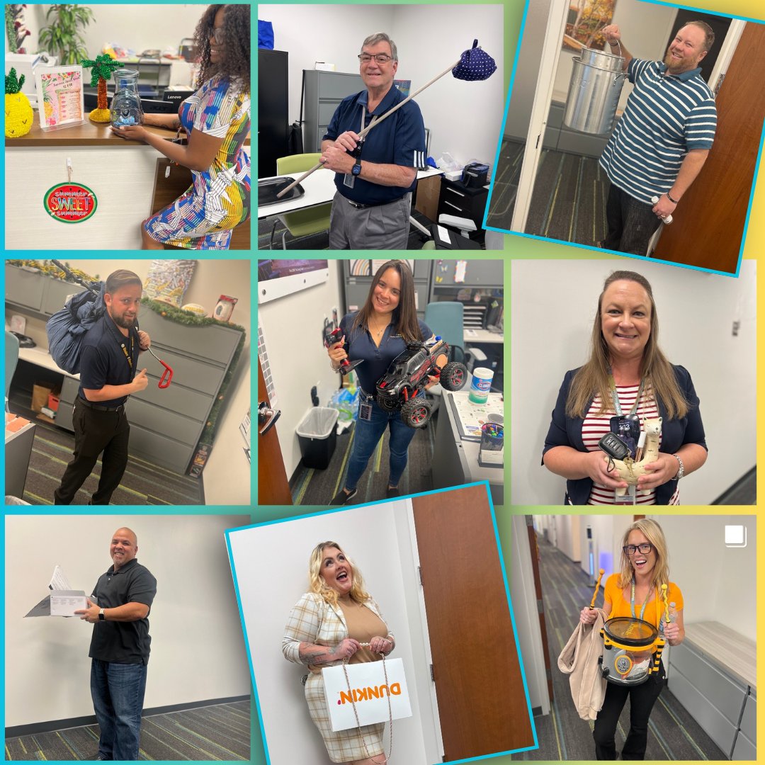 Today was 'Anything but a Bag' spirit day at the Orlando Regional Office. Check out all of the creative ways the team came into work today! We had Dunkin Donut boxes, drums, llamas, remote control cars, and more 💙 💚 💛

#BluegreenVacations #SpiritWeek #ShareHappinessHere
