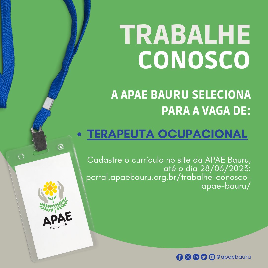 apaebauru's tweet photo. A APAE Bauru seleciona para vaga de Terapeuta Ocupacional!

👉 Requisitos:
• Residir em Bauru;

📲 Cadastre seu currículo, até quarta-feira, 28/06, no site da APAE Bauru: https://t.co/fnIckzK8YM https://t.co/0RKpJcC66h