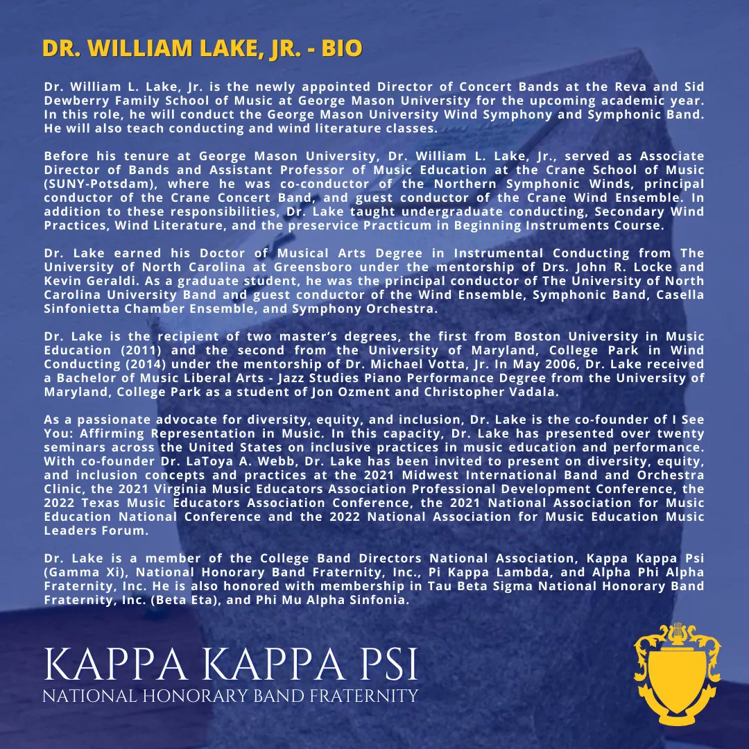 Please help us congratulate Dr. Lake on his appointment as the ΚΚΨ National Vice President for Professional Relations for the 2023-2025 biennium! AEA.

To read more, please visit buff.ly/3peAqgo.

#KKPsi #KappaKappaPsi