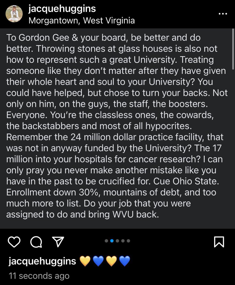 voicemorgantown's tweet photo. Bob Huggins’ daughter lashes out on social media, defending her father and telling #WVU President Gordon Gee to “do better and be better.” https://t.co/pal1jFlfl8