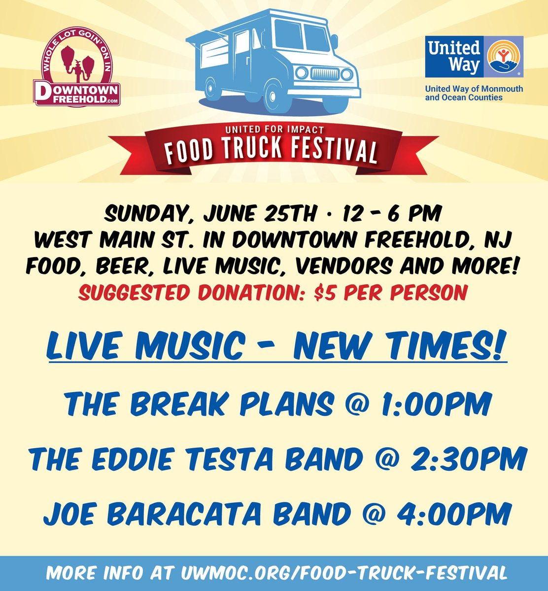 downtwnfreehold's tweet photo. Live Music at the United For Impact Food Truck Festival on Sunday, June 25th, from 12-6pm in Downtown Freehold!
#FoodTruckFestival #UWMOC #DowntownFreehold #ShopDineDiscoverExplore https://t.co/ppzNLiaJHA