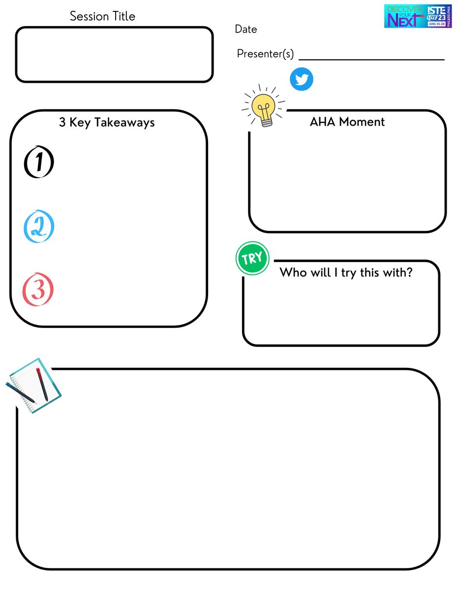 <a href="/mrshowell24/">Stephanie Howell</a>, you inspired me to create my own @ISTEofficial note-taking page (with just a few tweaks) - made in <a href="/Canva/">Canva</a> and imported into my Goodnotes app.  #ISTE23 #ISTELive

💡Template link for anyone who'd like to make a copy!
bit.ly/ISTE23Notes