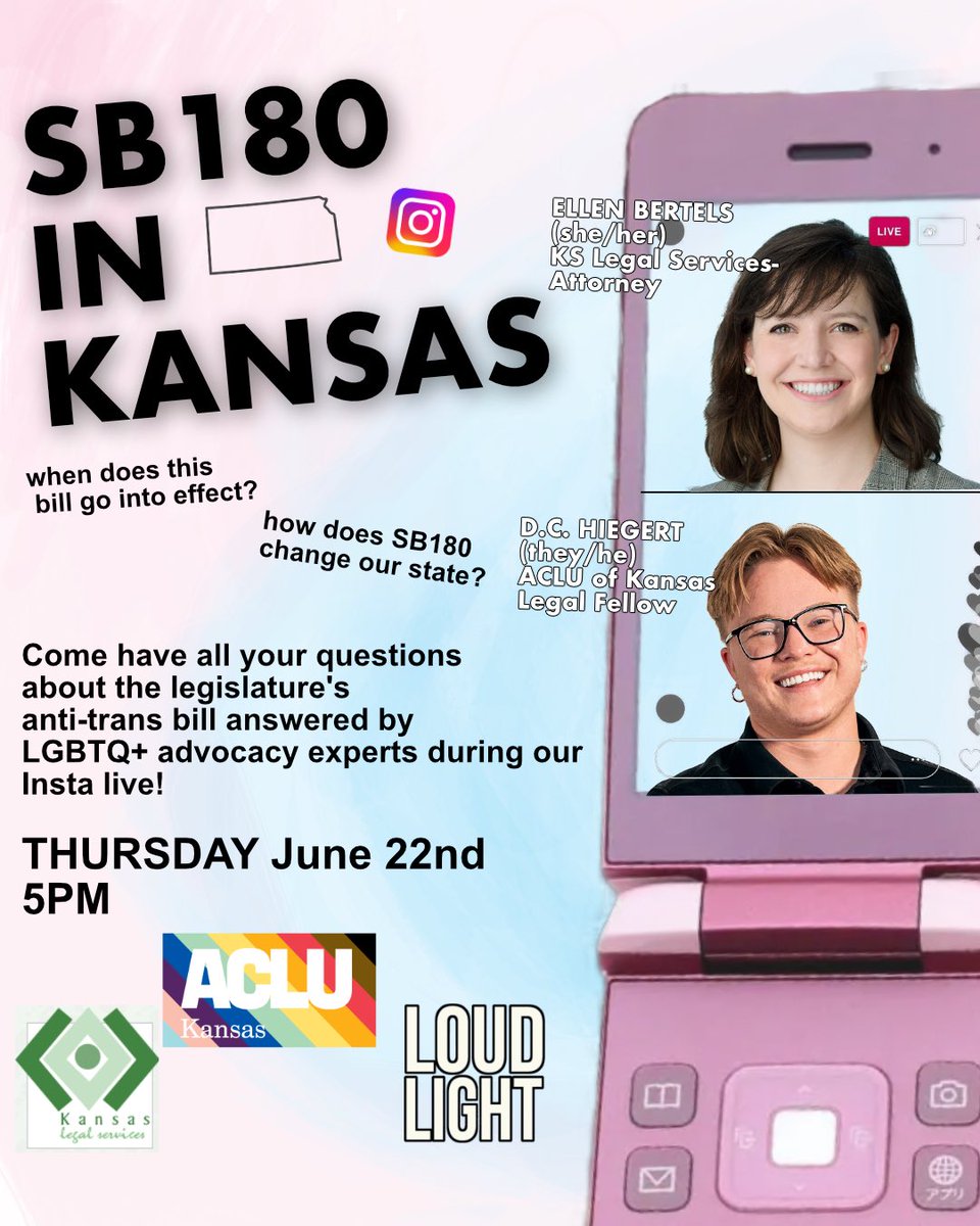 loud_light's tweet photo. 🚨SB180 GOES INTO 🚨
            🚨EFFECT JULY 1ST🚨
SB 180 was passed by the #ksleg  to exclude transgender people, intersex people, and more accessing spaces such as domestic violence shelters, restrooms, etc.
COME TO OUR INSTA LIVE TO LEARN MORE! #kansas https://t.co/LjMXXUtCAC