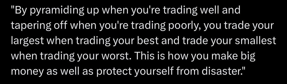 TheShortBear's tweet photo. The key to successful trading and investing is not stock picking. 

The key is maximizing the best hands through adaptive money management.

“The most significant is that it’s not whether you’re right or wrong that’s important, but how much money you make when you’re right and how much you lose when you’re wrong.”
- Druckenmiller 

“When you have tremendous conviction on a trade, you have to go for the jugular”
- Soros 

This management feature is not talked about much. In the cases when it is discussed, the importance of this feature is mostly missed.

The most successful investors of our time have about a 50% win rate. Logically the rest of the equation becomes a matter of risk to reward. 

The stage is set by the combination of risk to reward as well as win rate.

BUT! This is not all.
A secondary level enters the equation. 
__

Dynamic maximizing within an existing position. The best traders add to their winners. 

4 scenarios become the norm:

1. Enter and get stopped out
2. Enter and take the profit
3. Enter, pyramid(add), stop out (breakeven or in the money)
4. Enter, pyramid, take a massive win

This 3. And 4. points are the core of almost all 9 and 10fig traders and investors. 
This is where that seemingly impossible outperformance comes from.

This is something I saw through studying the best and a technique I implemented in my own trading for my 2020 year. 

It is only when you have profits and a cushion that outperformance starts, the rest of the time, the performance trails the average performance of funds, traders and investors. 

“The way to build long-term returns is through preservation of capital and home runs. You can be far more aggressive when you’re making good profits."

-Druckenmiller

I will follow up with up with more details about how to put yourself in these situations. 

In the meantime, try and figure out how you can safely and/or through a data proven edge put yourself in such asymmetric situations to take advantage of the skew. 

Let me and the community know your thoughts below 👇🏼