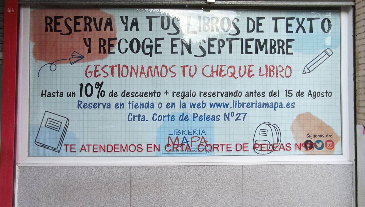 LibreriaMapa's tweet photo. Ya puedes reservar tus libros de texto para el próximo curso. 
Reserva ahora y recogelos en septiembre, además benefíciate de hasta un 10% de descuento y si tienes cheque libro nosotros nos encargamos de él.
Resérvalos en tienda o en la web https://t.co/GqM1k2pbAv https://t.co/ZI42WgzTfV