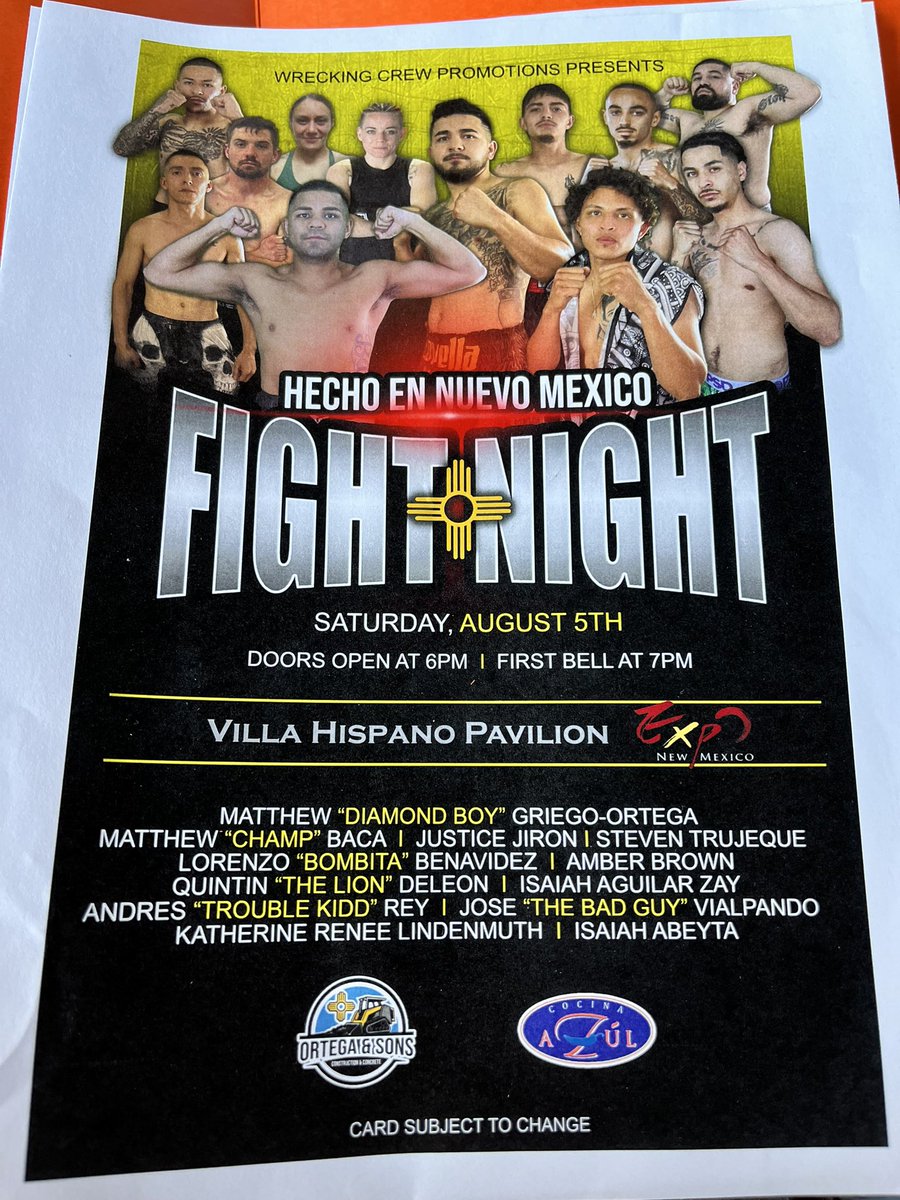 CagedMinds_CSN's tweet photo. Hecho en Nuevo Mexico Fight Night August 5th 
Main Event| NABF title fight Matthew Griego 13-0 vs Former world champion Merlito Sabello 28-8-1 ! https://t.co/A1D3Z60QIL