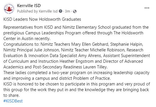kerrvilleisd's tweet photo. KISD Leaders Now Holdsworth Graduates
Representatives from KISD and Nimitz Elementary School graduated from the prestigious Campus Leaderships Program offered through The Holdsworth Center in Austin recently.
KISD is very proud of this group for the work they put in.
#KISDBest https://t.co/mtrJWfPuhW