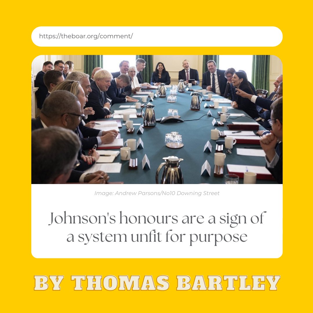 BoarComment's tweet image. Johnson's PM's Resignation Honours circled headlines unlike any other before; Thomas Bartley calls for this to be our wake up call to the archaic and cronyistic nature of this tradition.

Read the full article to see why he thinks we should ban them
theboar.org/2023/06/johnso…