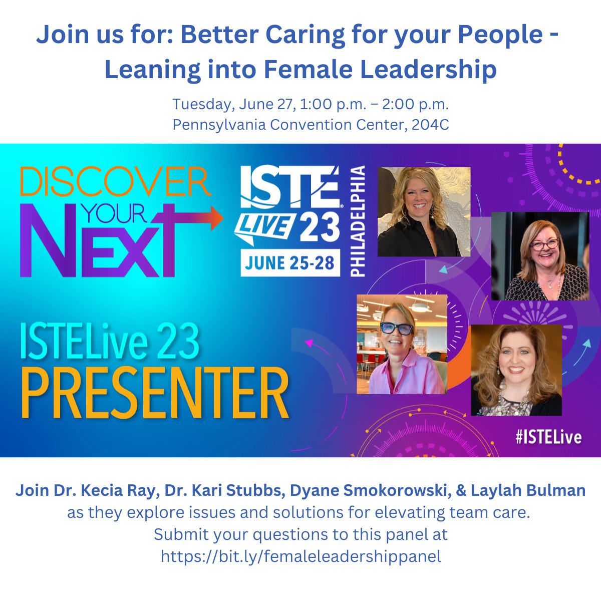 karistubbs's tweet image. Level up your leadership strategies at our #ISTELive session next week! Don't miss out - submit your questions now: bit.ly/femaleleadersh…. Session will be live streamed &amp;amp; recorded! @stageslearning @drkeciaray @K20Connects @laylah @playcraftlearn @mrs_smoke @wichitausd259