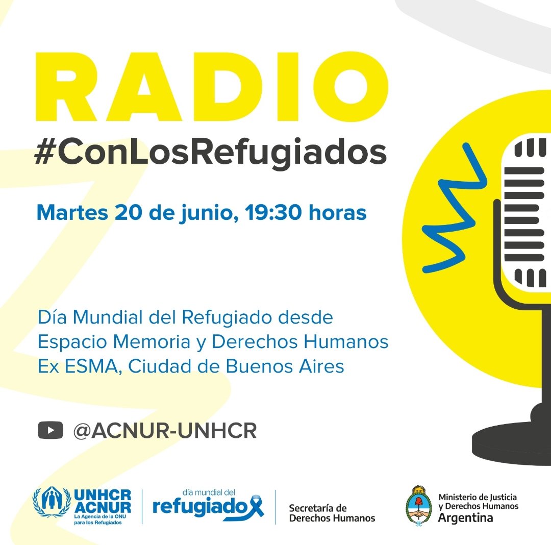 Para celebrar el #diainternacionaldelrefugiado <a href="/ACNURargentina/">Fundación ACNUR Argentina 🇦🇷</a> emitirá un programa histórico en vivo desde Espacio Memoria y Derechos Humanos.

También la transmisión será en vivo por youtube.com/watch?v=RmsEH9…

¿Nos ayudas a compartir esta noticia?  ¡Con un RT harás mucho!