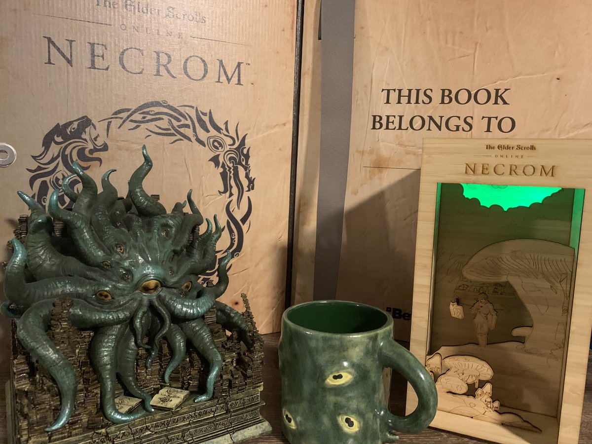 MarredBliss's tweet photo. Cannot thank @Bethesda_ANZ enough for this package of green goodies!!! Hermaeus Mora is 1951/2000 and the mug is handcrafted!! I feel so incredibly spoiled and grateful! I hope everyone is having a great console Necrom day!! #TESOnline #Sponsored  #Necrom #ESO #ESOfam https://t.co/SH4zCJ7Sp7