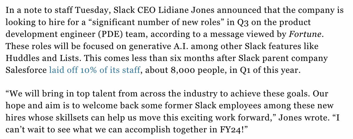 Scoop: Slack wants to re-hire former staff to fuel its generative A.I. ambitions less than six months after layoffs fortune.com/2023/06/20/sla…