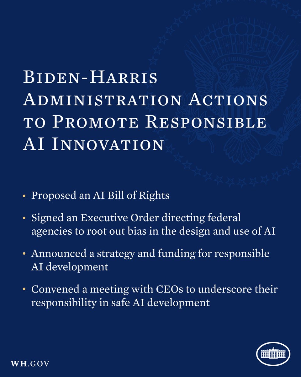 WhiteHouse46's tweet photo. This Administration is committed to seizing the opportunities posed by Artificial Intelligence – but is also managing the risks to our society, our economy, and our national security. https://t.co/mGFeolXHhX