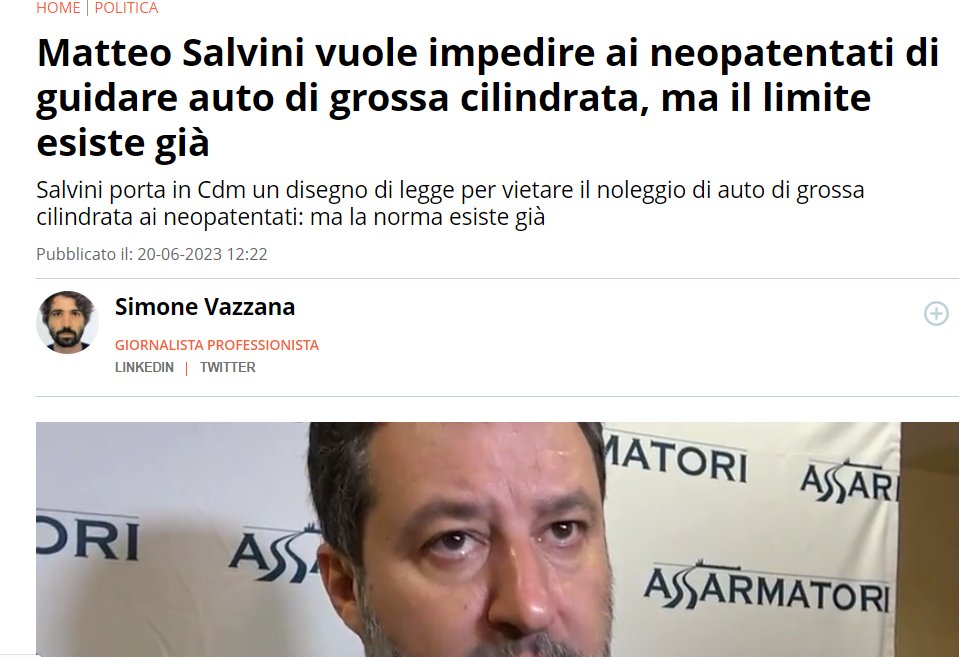 Incredibile figuraccia di Salvini : porta in Consiglio dei Ministri una norma che impedisca ai neopatentati di guidare auto di grossa cilindrata,peccato che già la legge vigente lo preveda.
Fosse stato un 5S ci avrebbero aperto i tgg
#20giugno